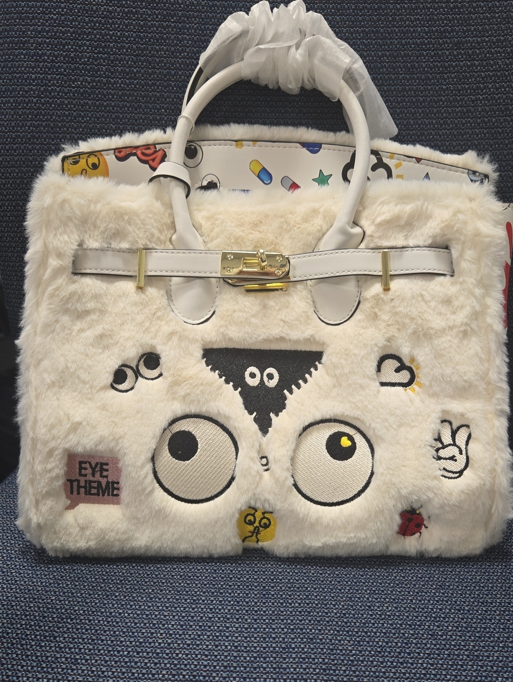 White  Fur Novelty Tote Bag with Graphiti Accents. Very Roomy And Fun.